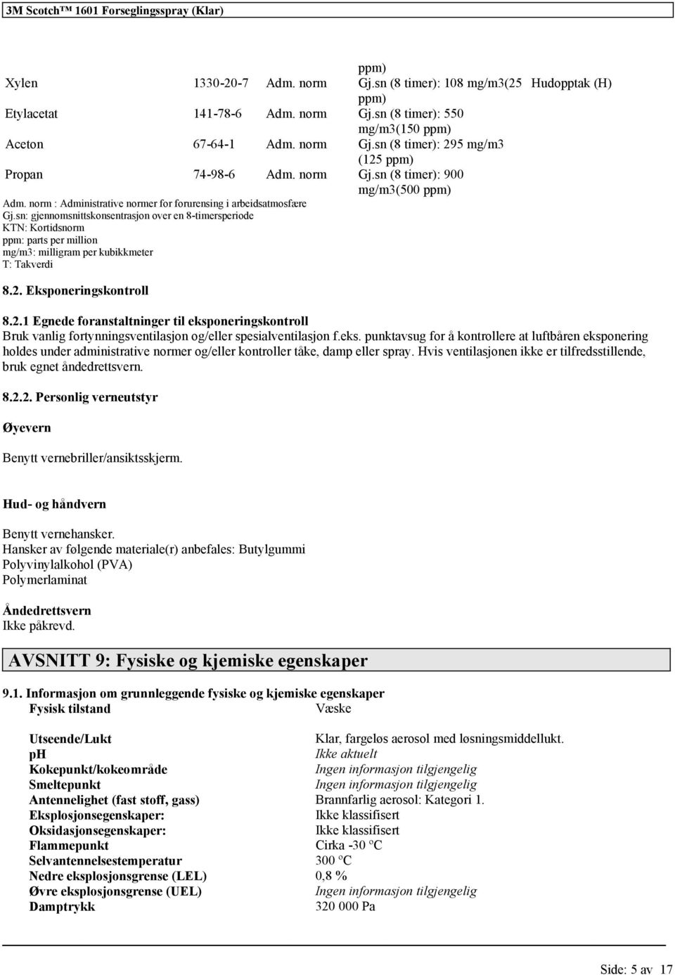 sn: gjennomsnittskonsentrasjon over en 8-timersperiode KTN: Kortidsnorm ppm: parts per million mg/m3: milligram per kubikkmeter T: Takverdi Hudopptak (H) 8.2.