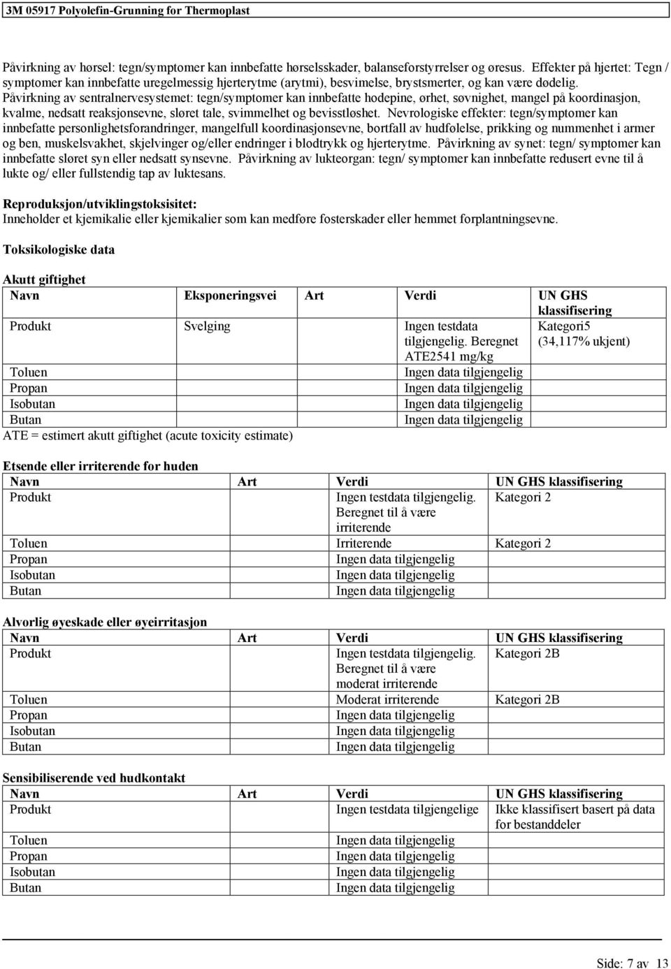 Påvirkning av sentralnervesystemet: tegn/symptomer kan innbefatte hodepine, ørhet, søvnighet, mangel på koordinasjon, kvalme, nedsatt reaksjonsevne, sløret tale, svimmelhet og bevisstløshet.