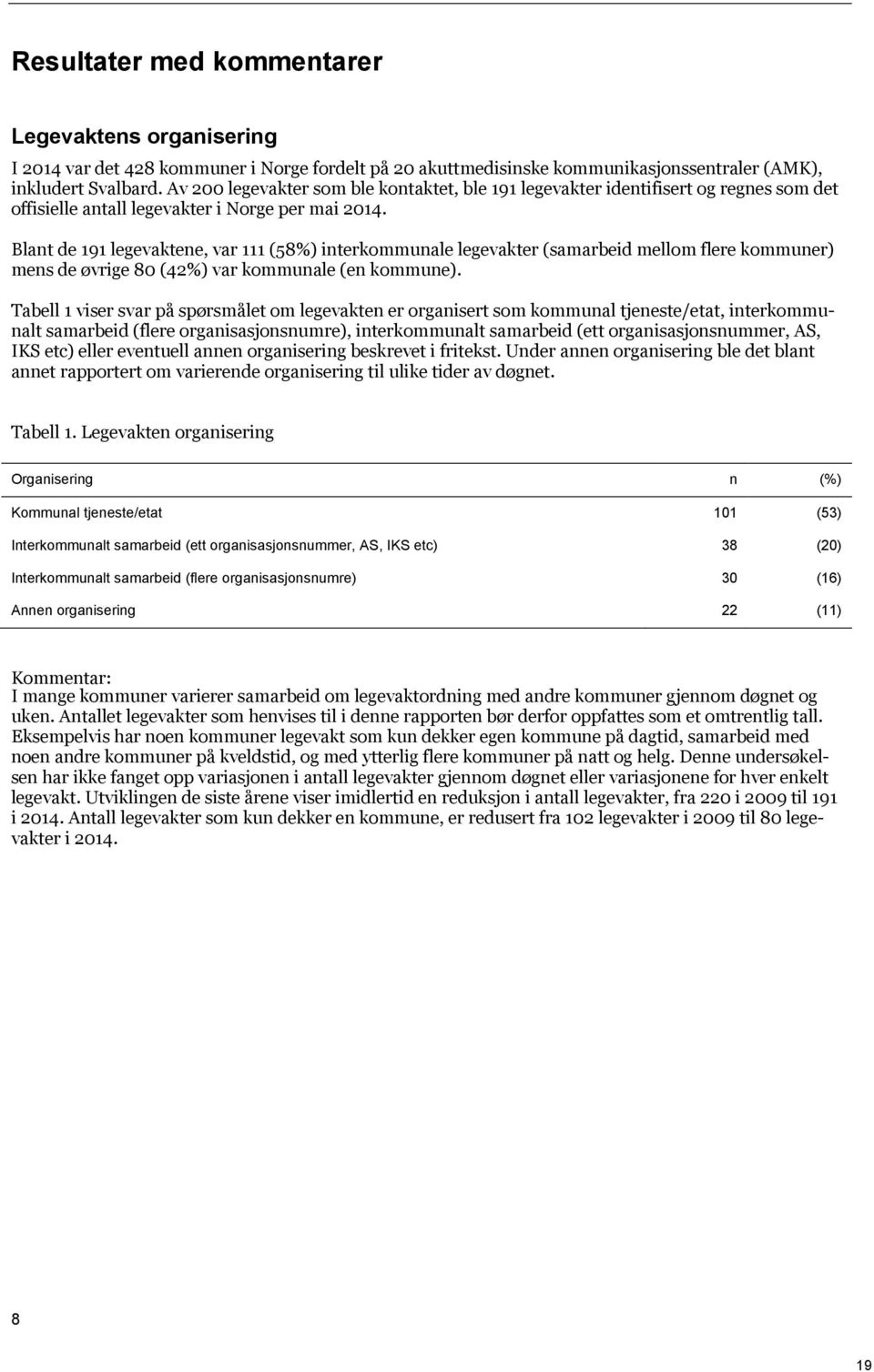 Blant de 191 legevaktene, var 111 (58%) interkommunale legevakter (samarbeid mellom flere kommuner) mens de øvrige 80 (42%) var kommunale (en kommune).