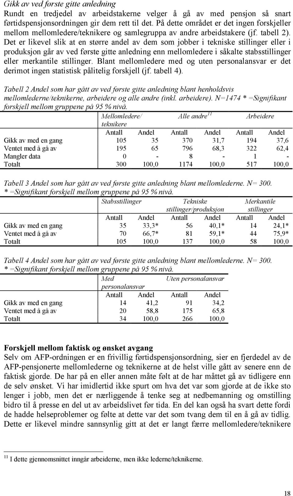 Det er likevel slik at en større andel av dem som jobber i tekniske stillinger eller i produksjon går av ved første gitte anledning enn mellomledere i såkalte stabsstillinger eller merkantile