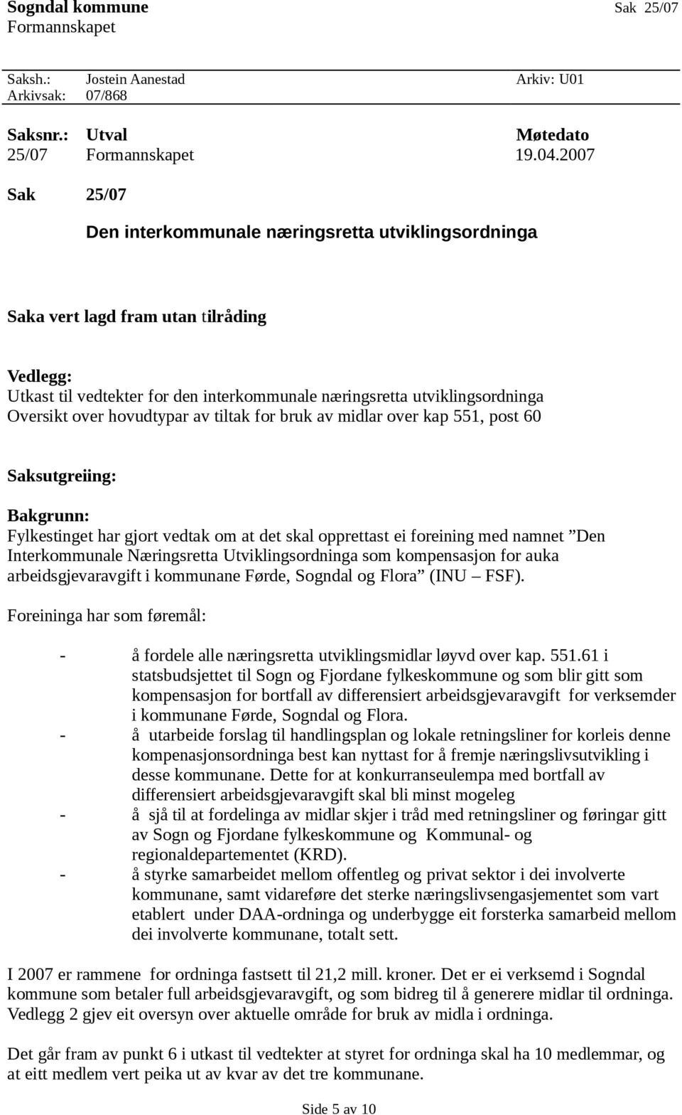 hovudtypar av tiltak for bruk av midlar over kap 551, post 60 Saksutgreiing: Bakgrunn: Fylkestinget har gjort vedtak om at det skal opprettast ei foreining med namnet Den Interkommunale Næringsretta