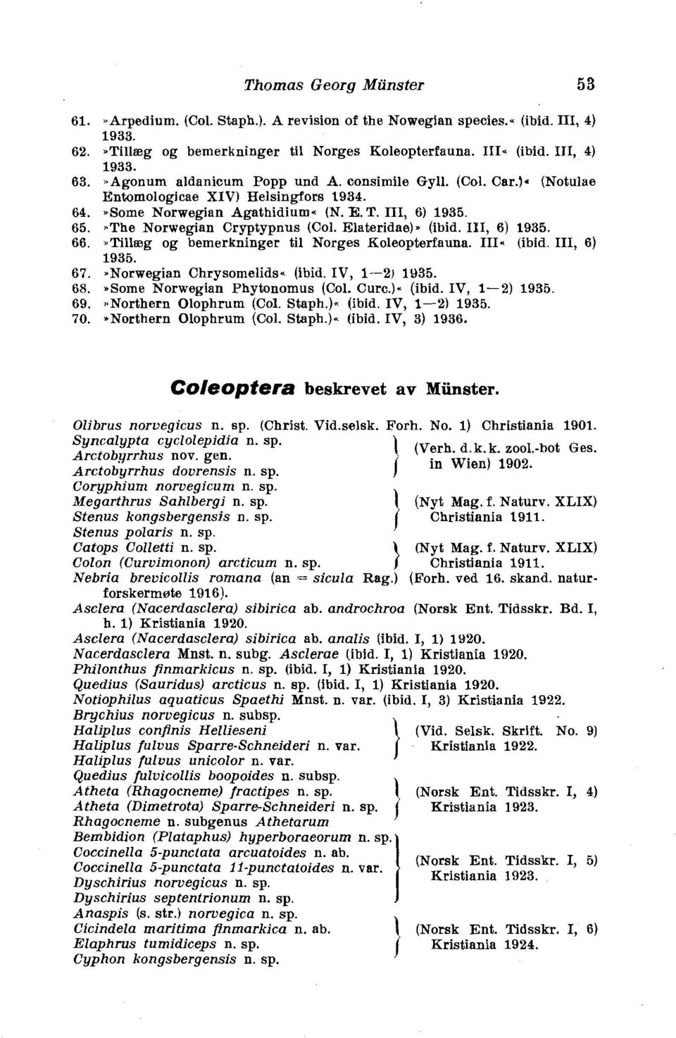 Elateridae)~ (ibid. 111, 6) 1935. 66. ~Tillaeg og bemerkninger ti1 Norges Koleopterfauna. 111. (ibid. 111, 6) 1935. 67. =Norwegian Chrysomelids~ (ibid. IV, 1--2) 1935. 68.