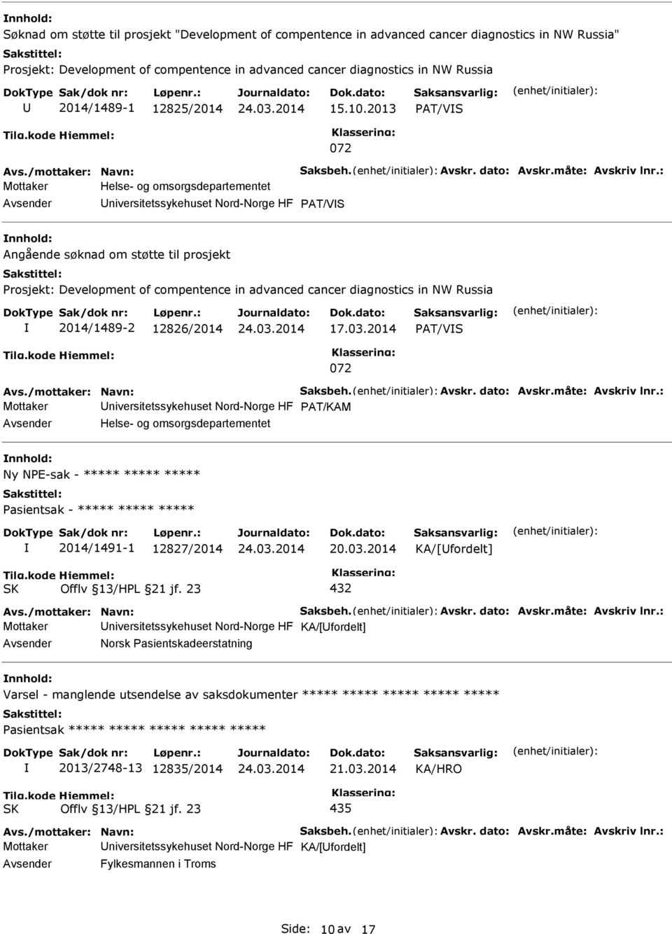 2013 PAT/VS 072 Mottaker Helse- og omsorgsdepartementet niversitetssykehuset Nord-Norge HF PAT/VS nnhold: Angående søknad om støtte til prosjekt Prosjekt: Development of compentence in advanced