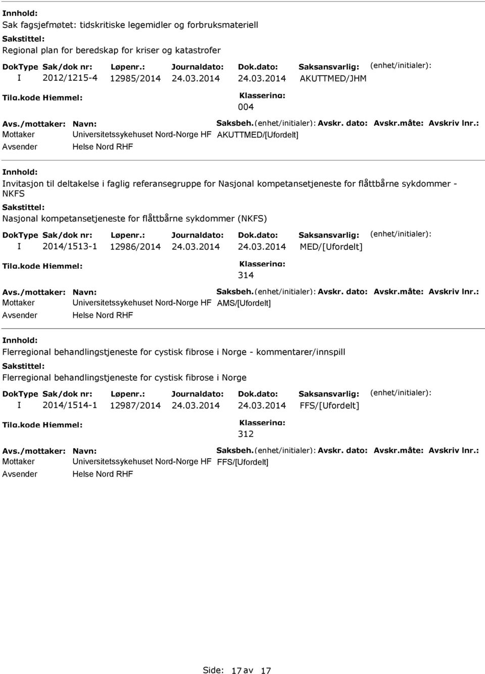 for flåttbårne sykdommer (NKFS) 2014/1513-1 12986/2014 MED/[fordelt] 314 Mottaker niversitetssykehuset Nord-Norge HF AMS/[fordelt] Helse Nord RHF nnhold: Flerregional behandlingstjeneste for cystisk