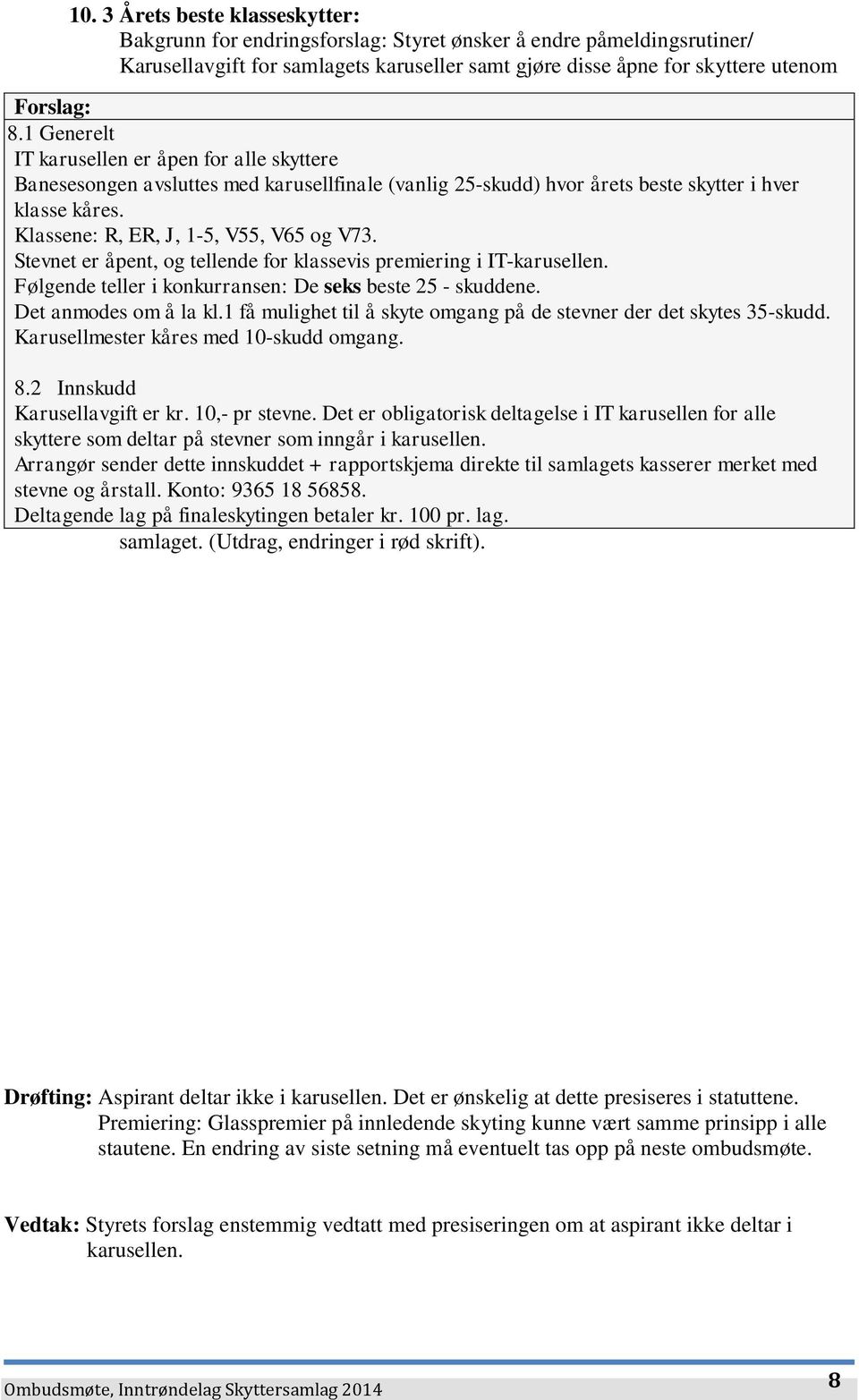 Klassene: R, ER, J, 1-5, V55, V65 og V73. Stevnet er åpent, og tellende for klassevis premiering i IT-karusellen. Følgende teller i konkurransen: De seks beste 25 - skuddene. Det anmodes om å la kl.