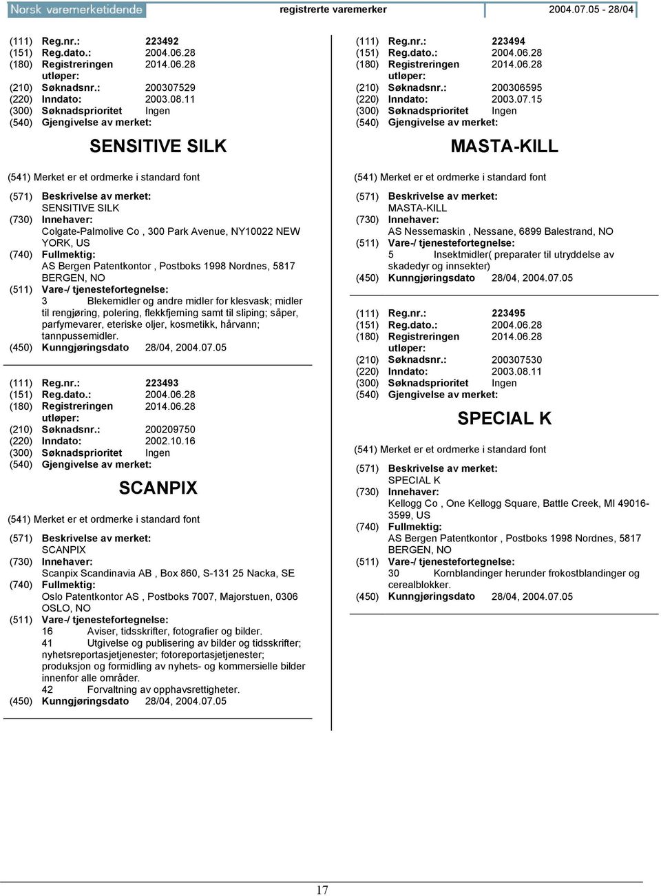 midler til rengjøring, polering, flekkfjerning samt til sliping; såper, parfymevarer, eteriske oljer, kosmetikk, hårvann; tannpussemidler. (111) Reg.nr.: 223493 (151) Reg.dato.: 2004.06.