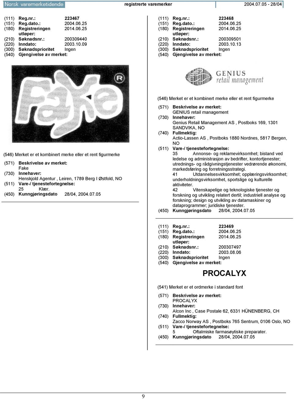 GENIUS retail management Genius Retail Management AS, Postboks 169, 1301 SANDVIKA, Actio-Lassen AS, Postboks 1880 Nordnes, 5817 Bergen, 35 Annonse- og reklamevirksomhet; bistand ved ledelse og