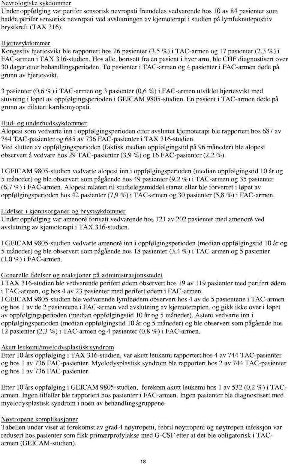 Hos alle, bortsett fra én pasient i hver arm, ble CHF diagnostisert over 30 dager etter behandlingsperioden. To pasienter i TAC-armen og 4 pasienter i FAC-armen døde på grunn av hjertesvikt.