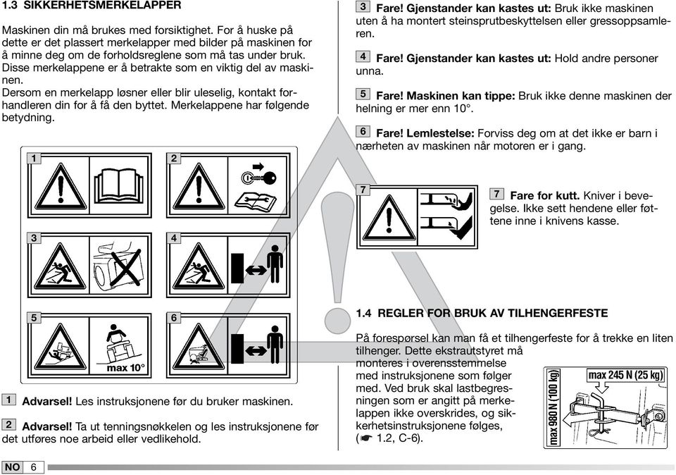 2 3 Fare! Gjenstander kan kastes ut: Bruk ikke maskinen uten å ha montert steinsprutbeskyttelsen eller gressoppsamleren. 4 Fare! Gjenstander kan kastes ut: Hold andre personer unna. 5 Fare!