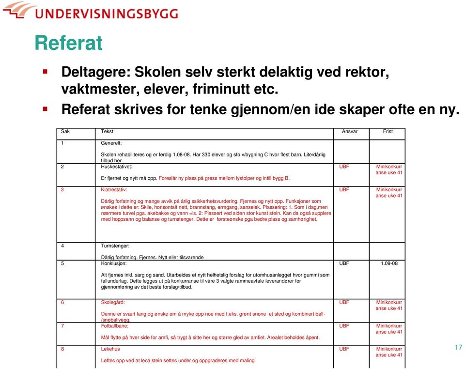 2 Huskestativet: 3 Klatrestativ: Er fjernet og nytt må opp. Foreslår ny plass på gress mellom lystolper og intill bygg B. Dårlig forfatning og mange avvik på årlig ssikkerhetsvurdering.