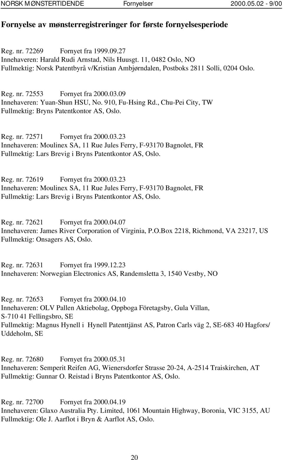 , Chu-Pei City, TW Fullmektig: Bryns Patentkontor AS, Oslo. Reg. nr. 72571 Fornyet fra 2000.03.