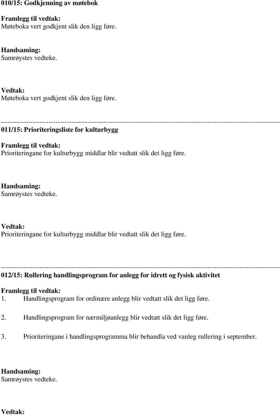 Prioriteringane for kulturbygg middlar blir vedtatt slik det ligg føre. Handsaming: Samrøystes vedteke. Vedtak: Prioriteringane for kulturbygg middlar blir vedtatt slik det ligg føre.