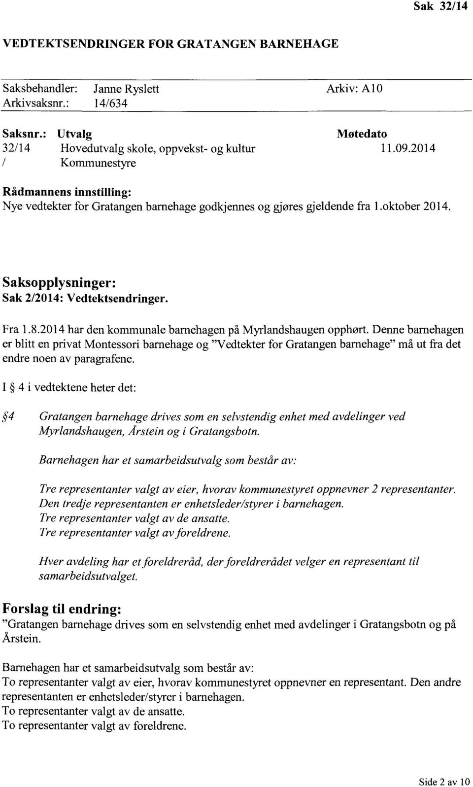 2014 har den kommunale bamehagen på Myrlandshaugen opphørt. Denne bamehagen er blitt en privat Montessori barnehage og Vedtekter for Gratangen barnehage må ut fra det endre noen av paragrafene.