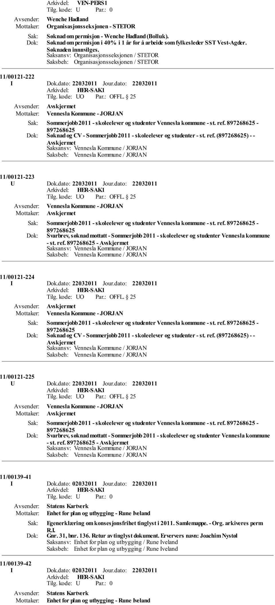 dato: Vennesla Kommune - JORJAN Sommerjobb 2011 - skoleelever og studenter Vennesla kommune - st. ref.