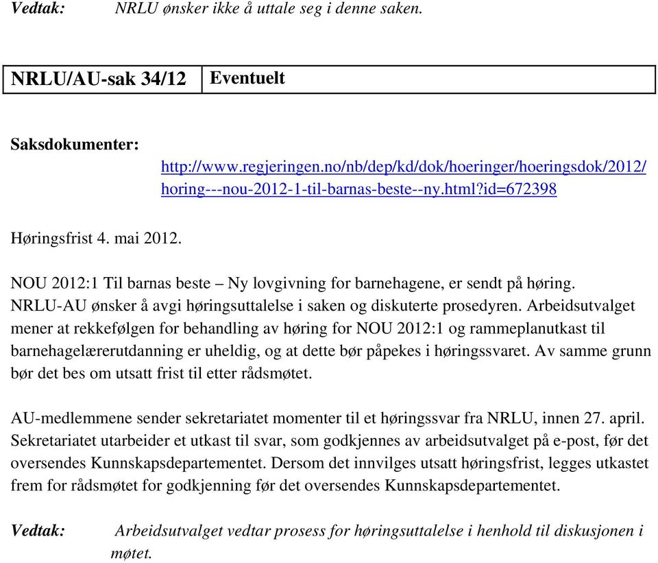 NOU 2012:1 Til barnas beste Ny lovgivning for barnehagene, er sendt på høring. NRLU-AU ønsker å avgi høringsuttalelse i saken og diskuterte prosedyren.