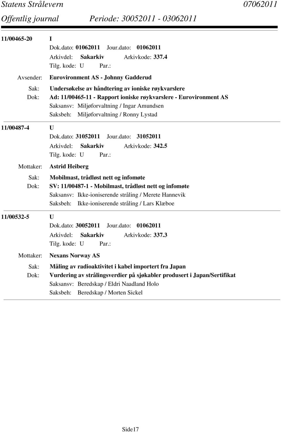 Saksbeh: Miljøforvaltning / Ronny Lystad 11/00487-4 U Dok.dato: 31052011 Jour.dato: 31052011 Arkivdel: Sakarkiv Arkivkode: 342.