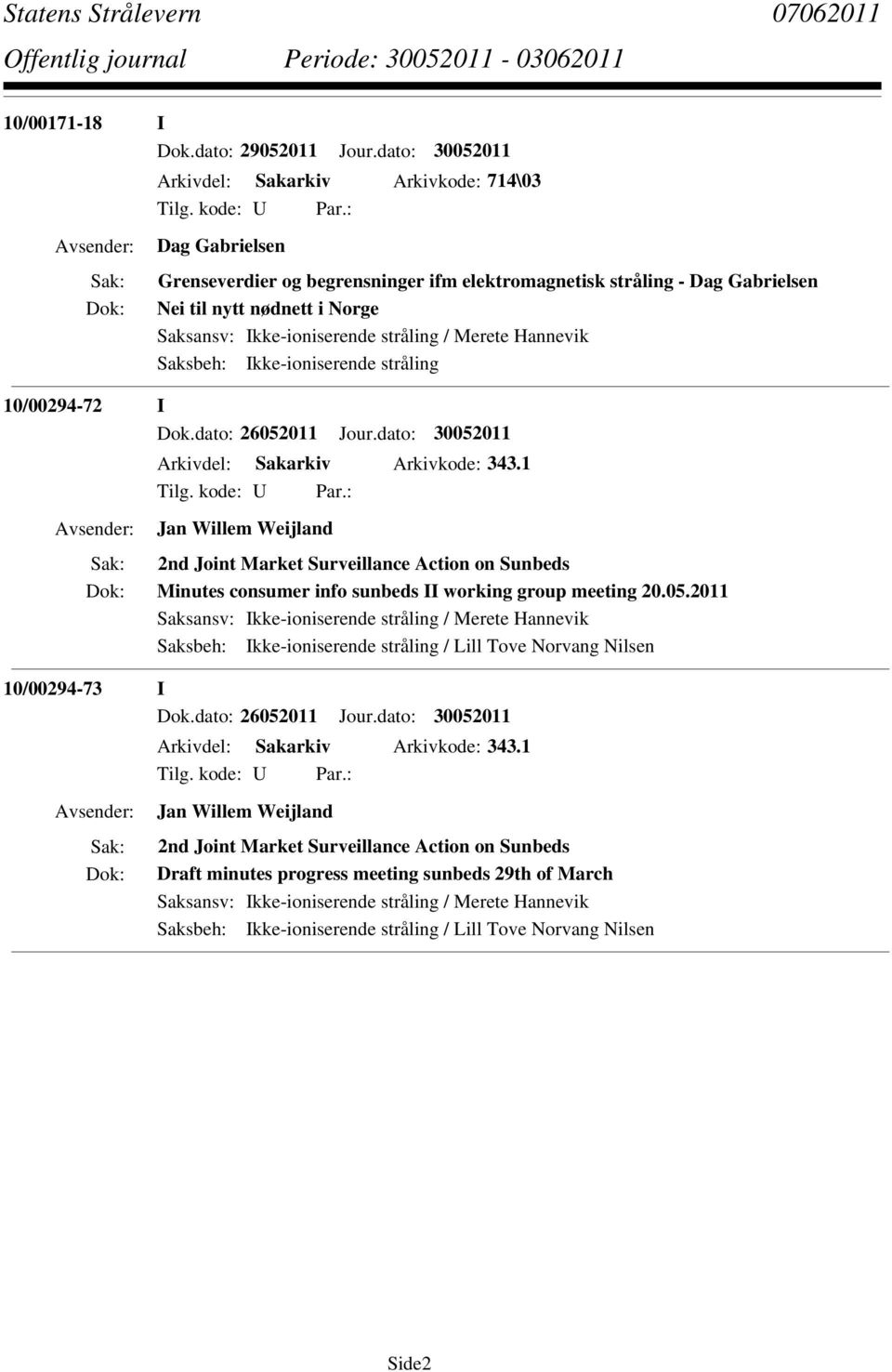 stråling 10/00294-72 I Dok.dato: 26052011 Jour.dato: 30052011 Arkivdel: Sakarkiv Arkivkode: 343.