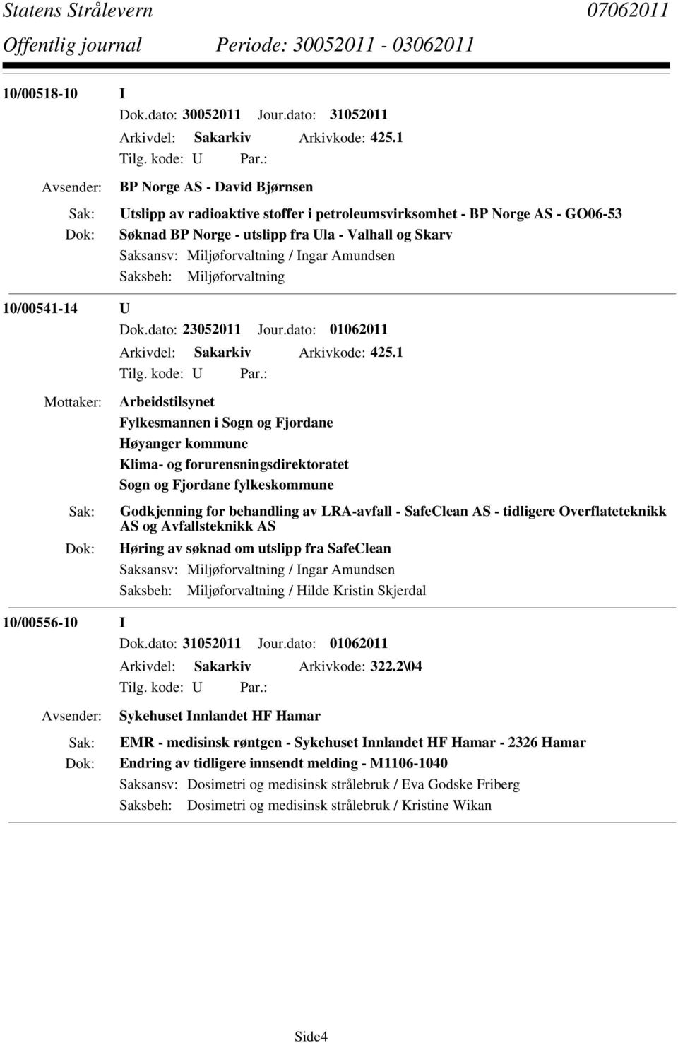 Amundsen Saksbeh: Miljøforvaltning 10/00541-14 U Dok.dato: 23052011 Jour.dato: 01062011 Arkivdel: Sakarkiv Arkivkode: 425.