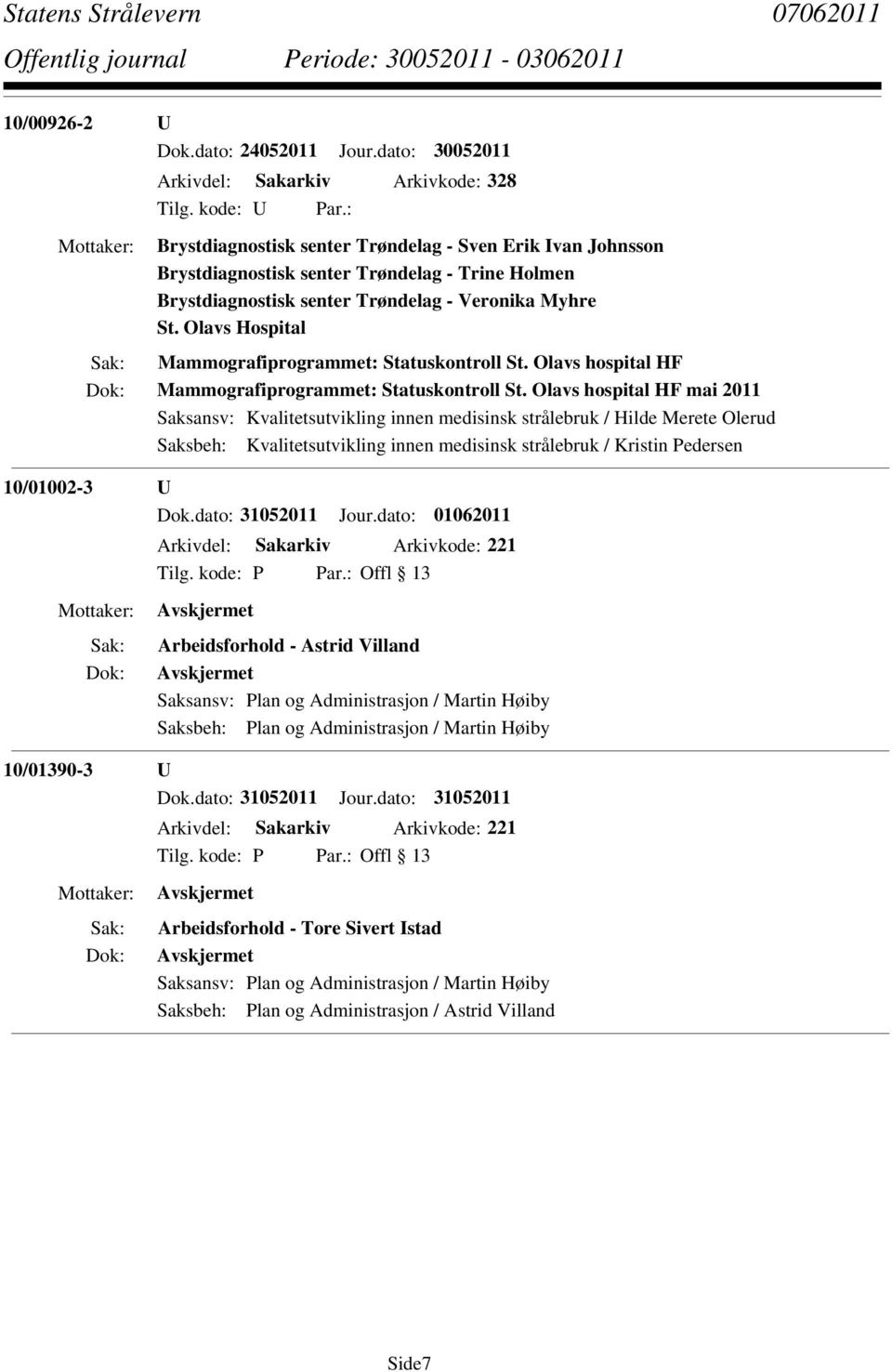 Veronika Myhre St. Olavs Hospital Mammografiprogrammet: Statuskontroll St. Olavs hospital HF Mammografiprogrammet: Statuskontroll St.