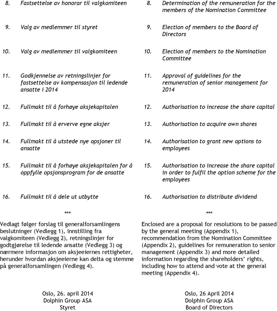 Godkjennelse av retningslinjer for fastsettelse av kompensasjon til ledende ansatte i 2014 11. Approval of guidelines for the remuneration of senior management for 2014 12.