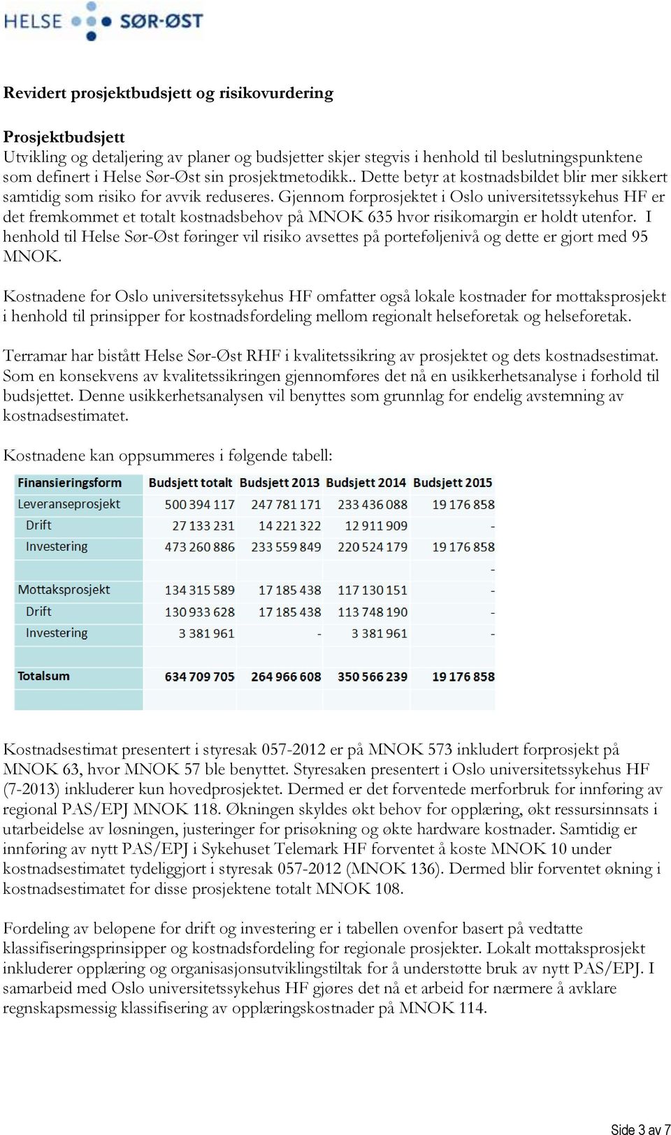 Gjennom forprosjektet i Oslo universitetssykehus HF er det fremkommet et totalt kostnadsbehov på MNOK 635 hvor risikomargin er holdt utenfor.