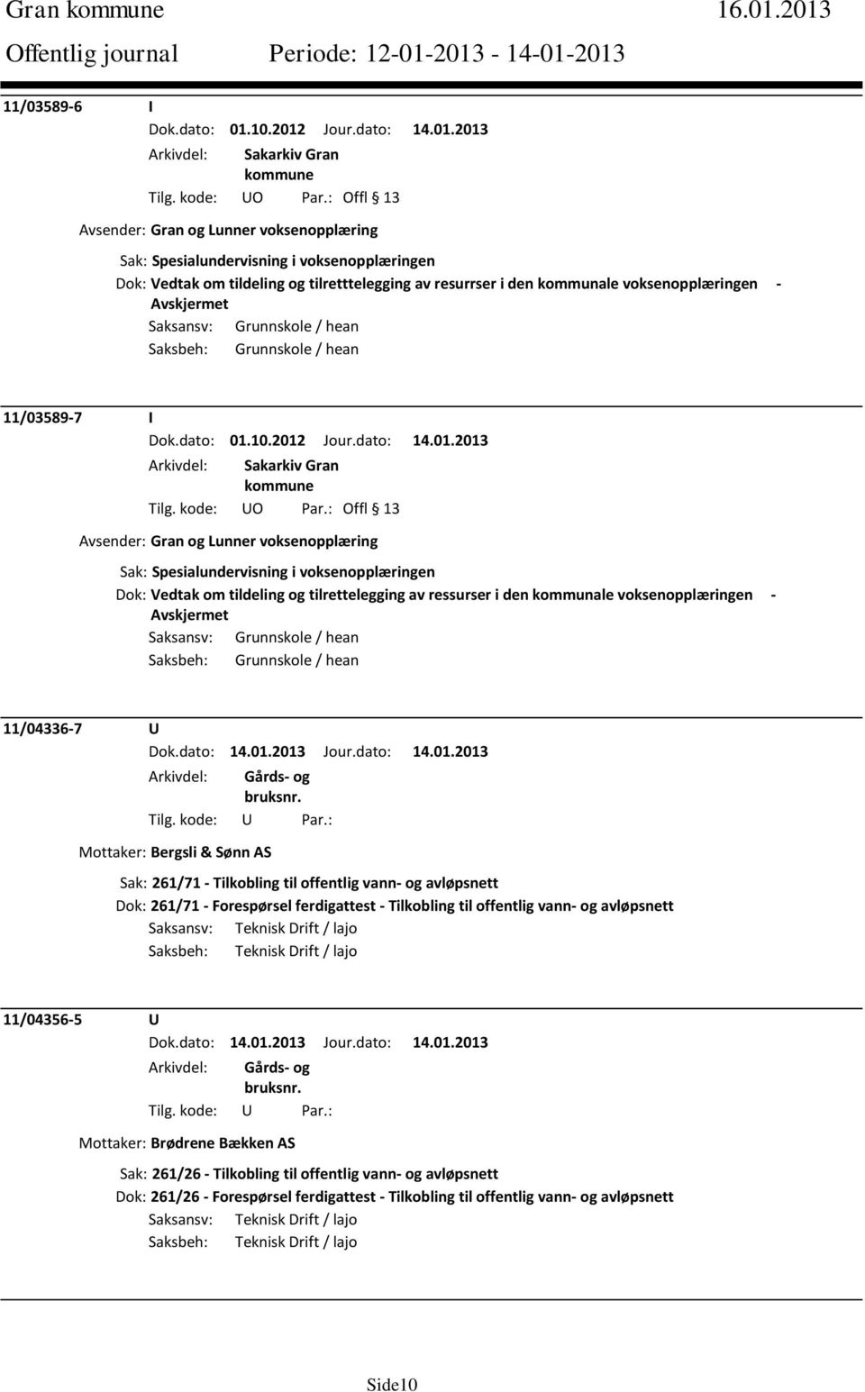 Avskjermet Saksansv: Grunnskole / hean Saksbeh: Grunnskole / hean 11/03589-7 I Dok.dato: 01.10.2012 Jour.dato: 14.01.2013 Tilg. kode: UO Par.