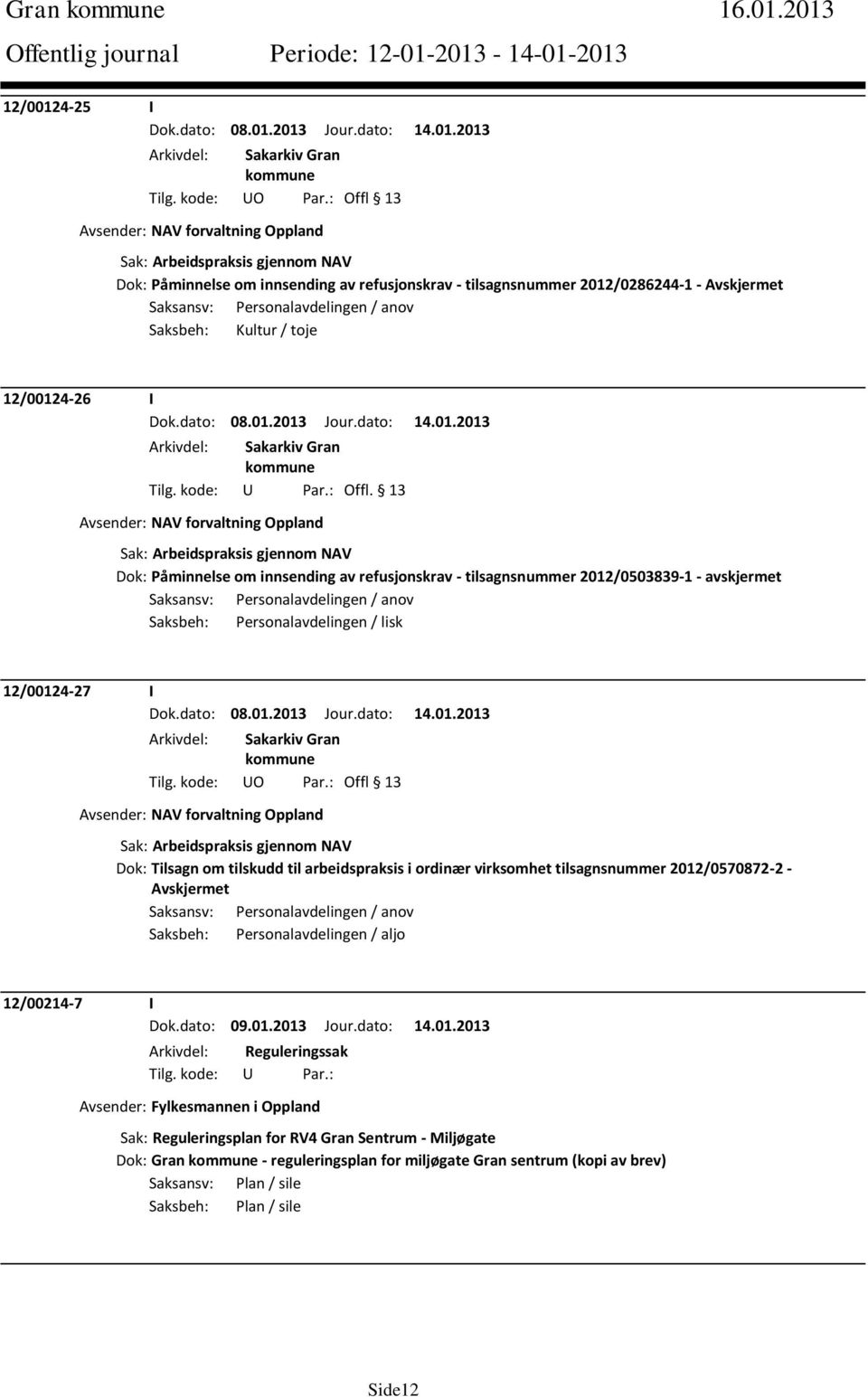 anov Saksbeh: Kultur / toje 12/00124-26 I Dok.dato: 08.01.2013 Jour.dato: 14.01.2013 Offl.