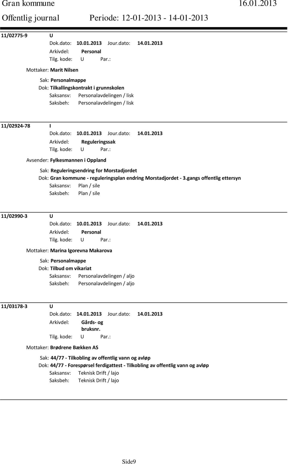 Avsender: Fylkesmannen i Oppland Sak: Reguleringsendring for Morstadjordet Dok: Gran - reguleringsplan endring Morstadjordet - 3.