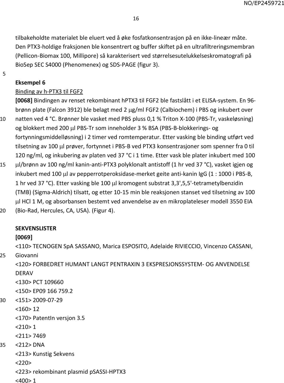 (Phenomenex) og SDS-PAGE (figur 3). 1 20 Eksempel 6 Binding av h-ptx3 til FGF2 [0068] Bindingen av renset rekombinant hptx3 til FGF2 ble fastslått i et ELISA-system.