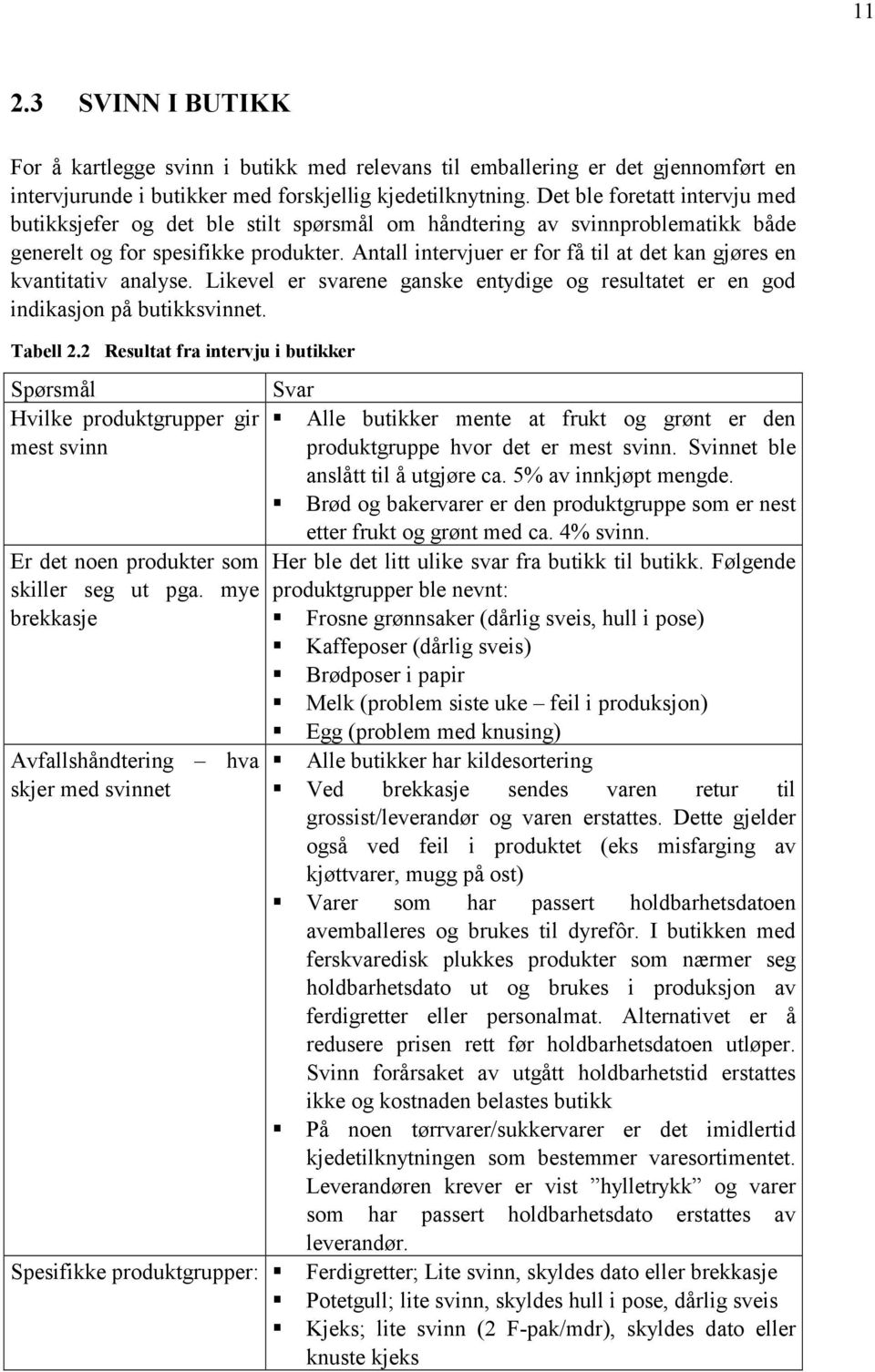 Antall intervjuer er for få til at det kan gjøres en kvantitativ analyse. Likevel er svarene ganske entydige og resultatet er en god indikasjon på butikksvinnet. Tabell 2.