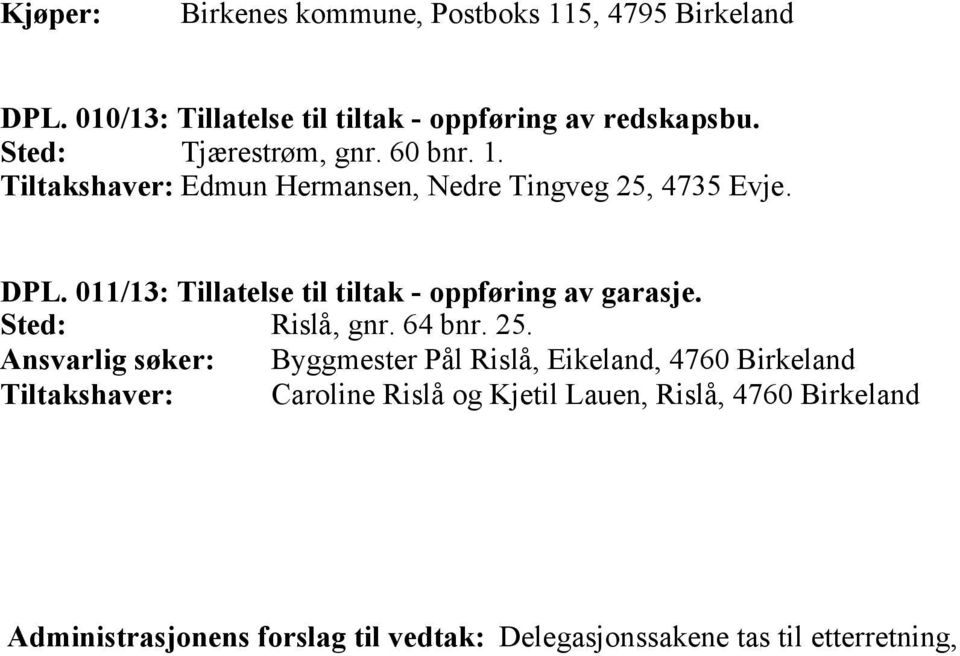 011/13: Tillatelse til tiltak - oppføring av garasje. Sted: Rislå, gnr. 64 bnr. 25.