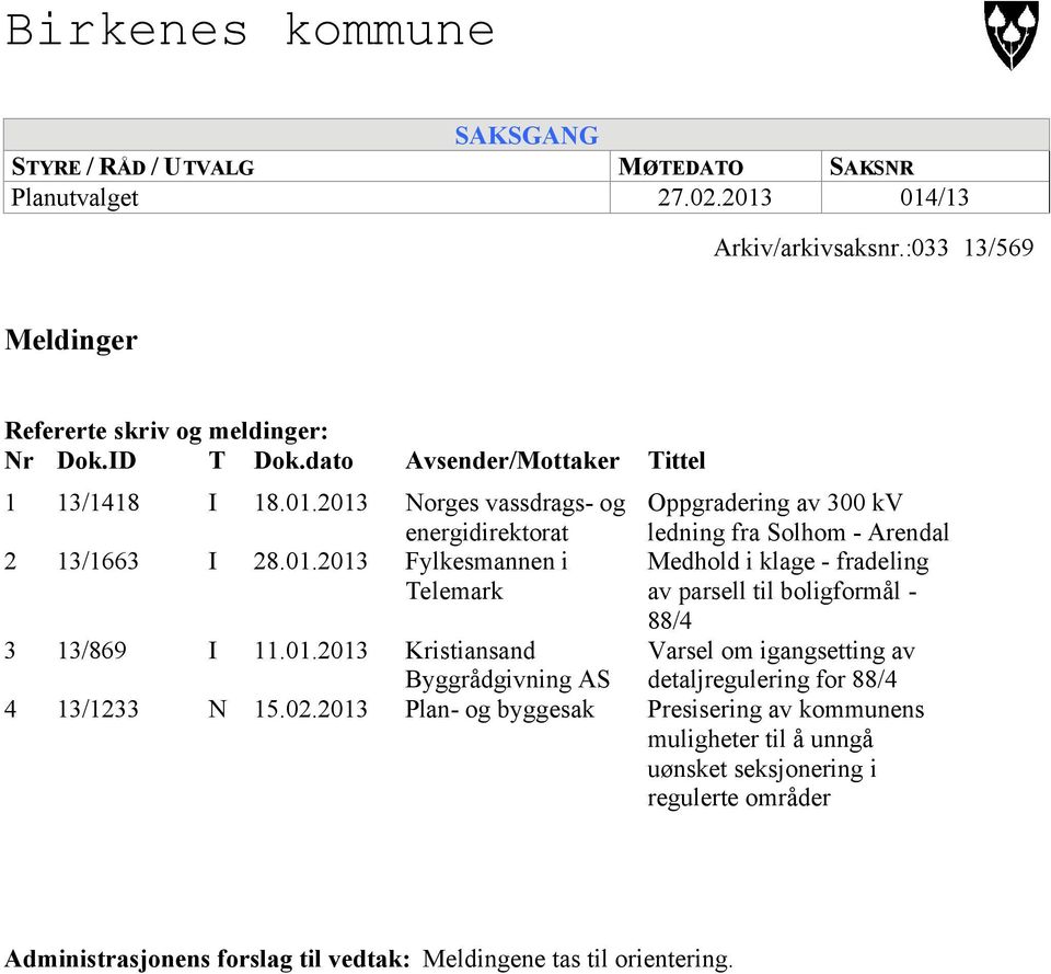 2013 Avsender/Mottaker Tittel Norges vassdrags- og energidirektorat Fylkesmannen i Telemark Oppgradering av 300 kv ledning fra Solhom - Arendal Medhold i klage - fradeling av parsell