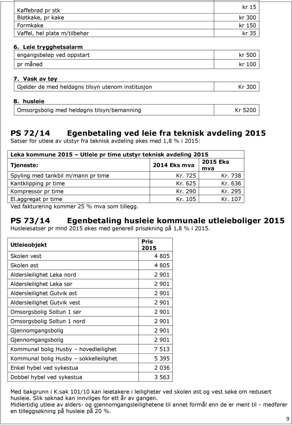 husleie Omsorgsbolig med heldøgns tilsyn/bemanning Kr 5200 PS 72/14 Egenbetaling ved leie fra teknisk avdeling 2015 Satser for utleie av utstyr fra teknisk avdeling økes med 1,8 % i 2015: Leka