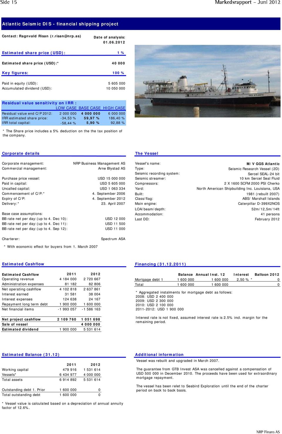 sensitivity on IRR : LOW CASE BASE CASE HIGH CASE Residual value end C/P 2012: 2 000 000 4 000 000 6 000 000 IRR estimated share price: -34,53 % 59,97 % 186,40 % IRR total capital: -58,44 % 5,90 %