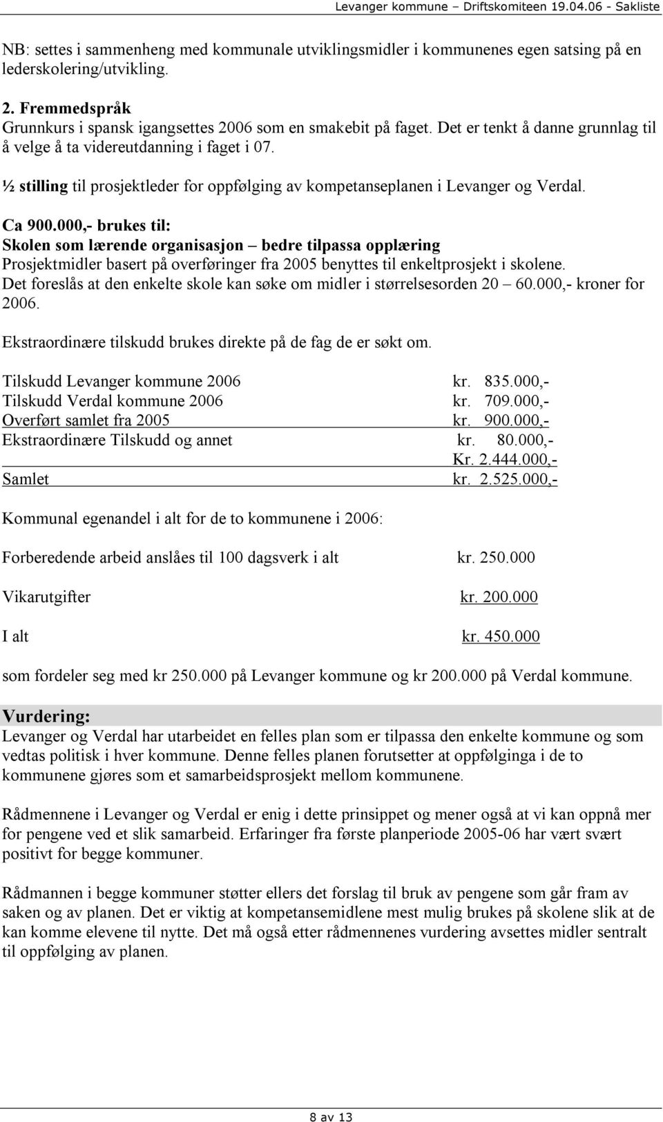 000,- brukes til: Skolen som lærende organisasjon bedre tilpassa opplæring Prosjektmidler basert på overføringer fra 2005 benyttes til enkeltprosjekt i skolene.