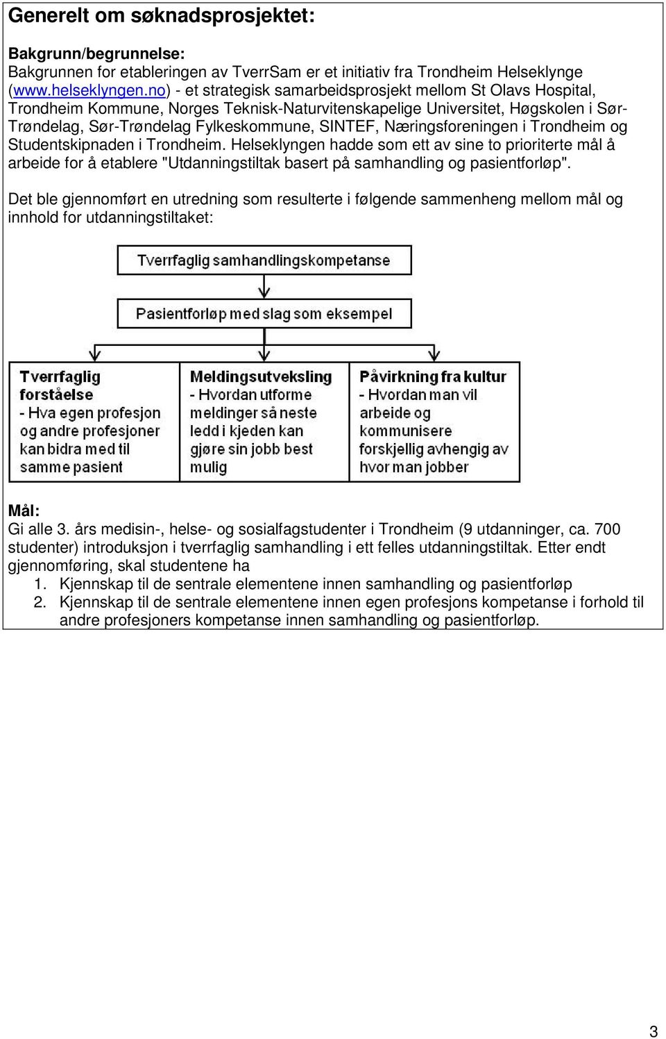 Næringsforeningen i Trondheim og Studentskipnaden i Trondheim. Helseklyngen hadde som ett av sine to prioriterte mål å arbeide for å etablere "Utdanningstiltak basert på samhandling og pasientforløp".