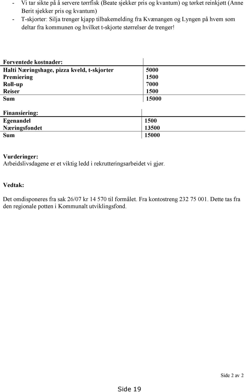 Forventede kostnader: Halti Næringshage, pizza kveld, t-skjorter 5000 Premiering 1500 Roll-up 7000 Reiser 1500 Sum 15000 Finansiering: Egenandel 1500 Næringsfondet 13500 Sum