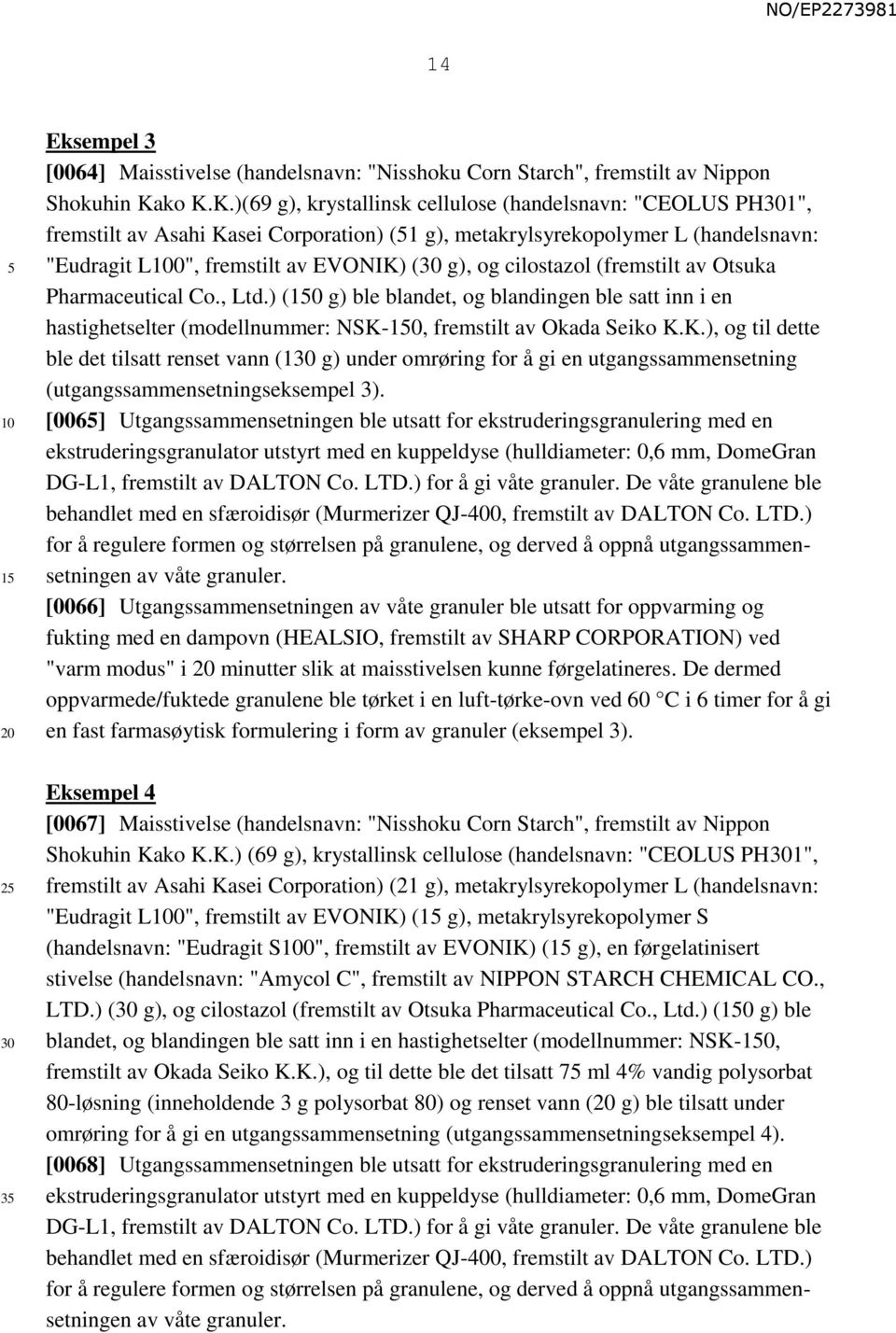 cilostazol (fremstilt av Otsuka Pharmaceutical Co., Ltd.) ( g) ble blandet, og blandingen ble satt inn i en hastighetselter (modellnummer: NSK-