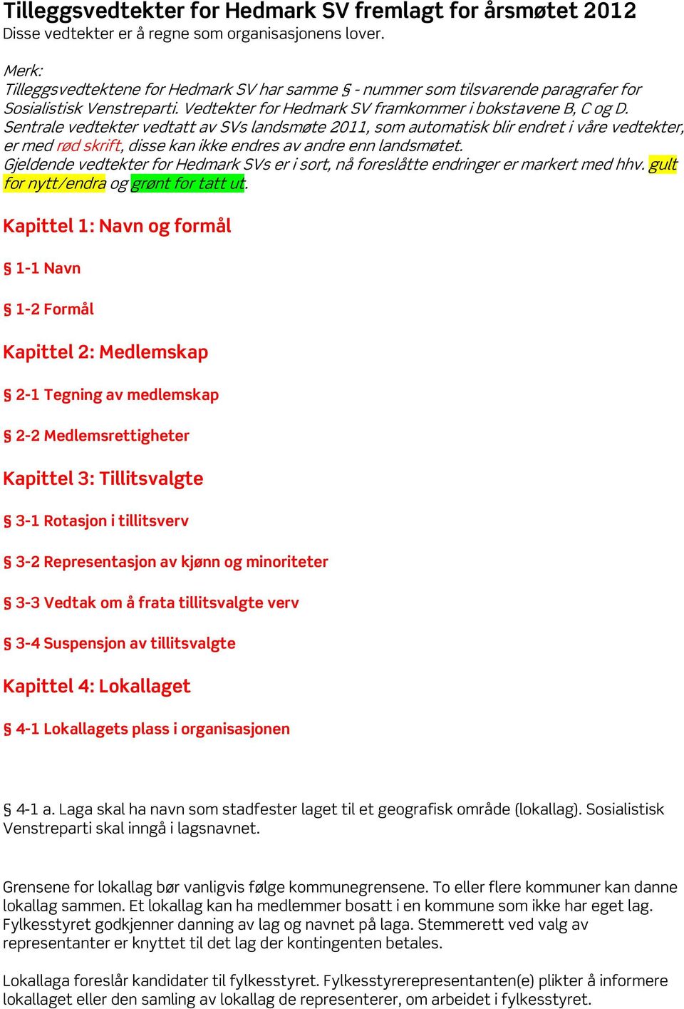 Sentrale vedtekter vedtatt av SVs landsmøte 2011, som automatisk blir endret i våre vedtekter, er med rød skrift, disse kan ikke endres av andre enn landsmøtet.