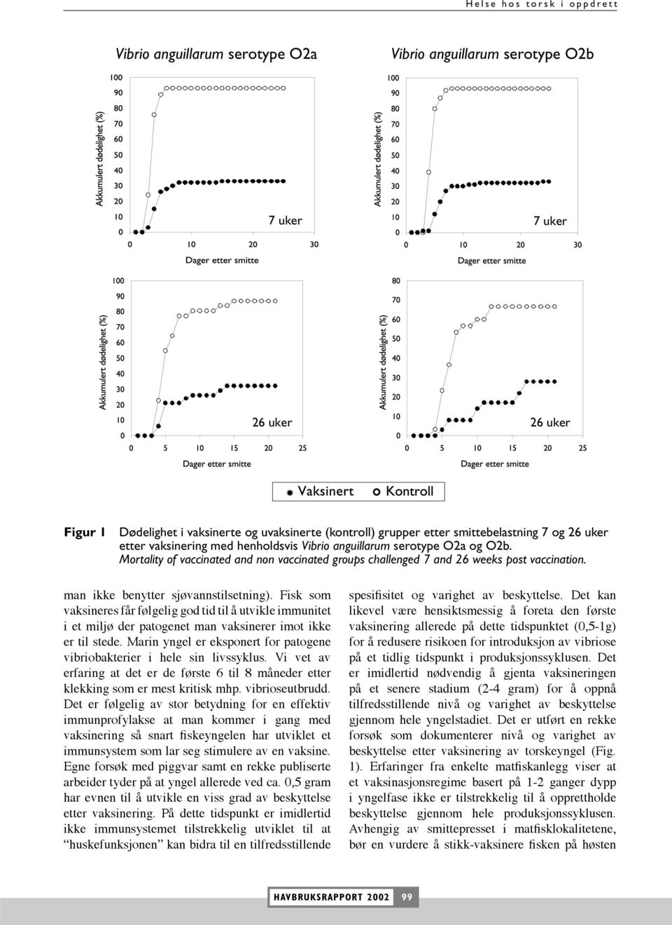 Mortality of vaccinated and non vaccinated groups challenged 7 and 26 weeks post vaccination. man ikke benytter sjøvannstilsetning).