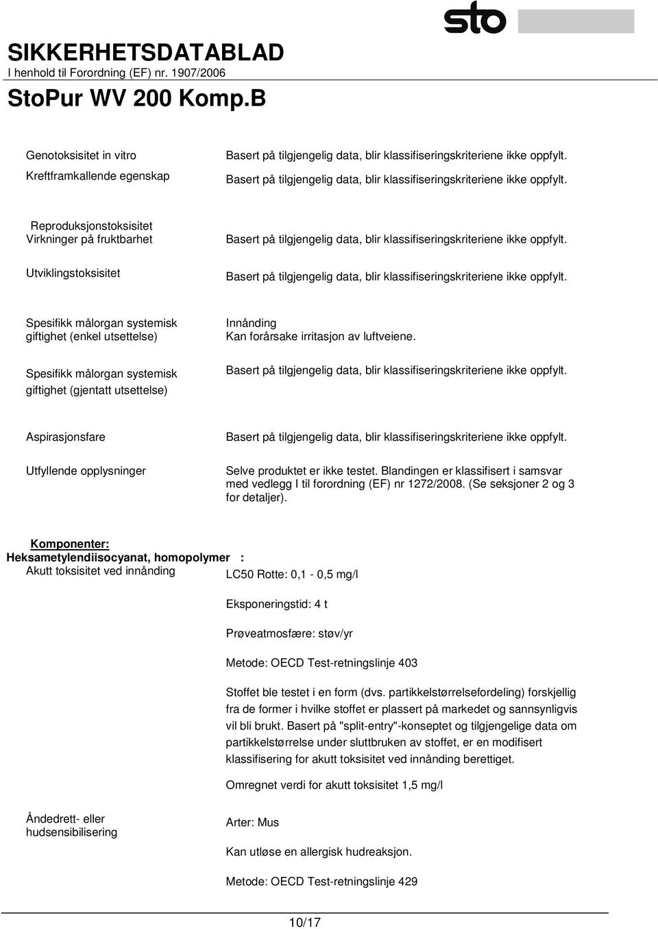 Blandingen er klassifisert i samsvar med vedlegg I til forordning (EF) nr 1272/2008. (Se seksjoner 2 og 3 for detaljer).