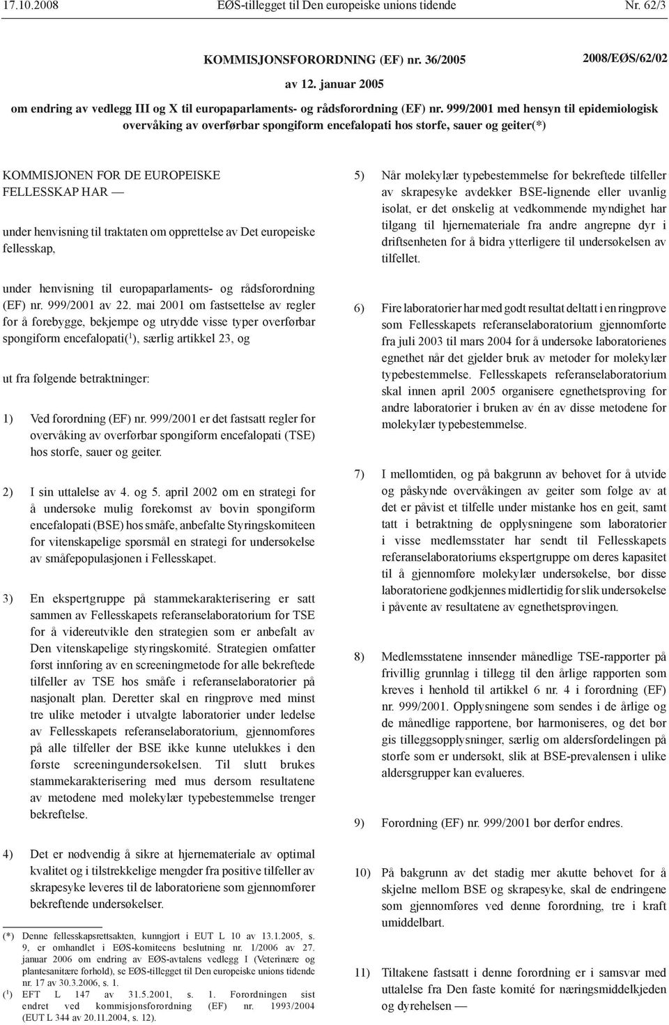 opprettelse av Det europeiske fellesskap, under henvisning til europaparlaments- og rådsforordning (EF) nr. 999/2001 av 22.