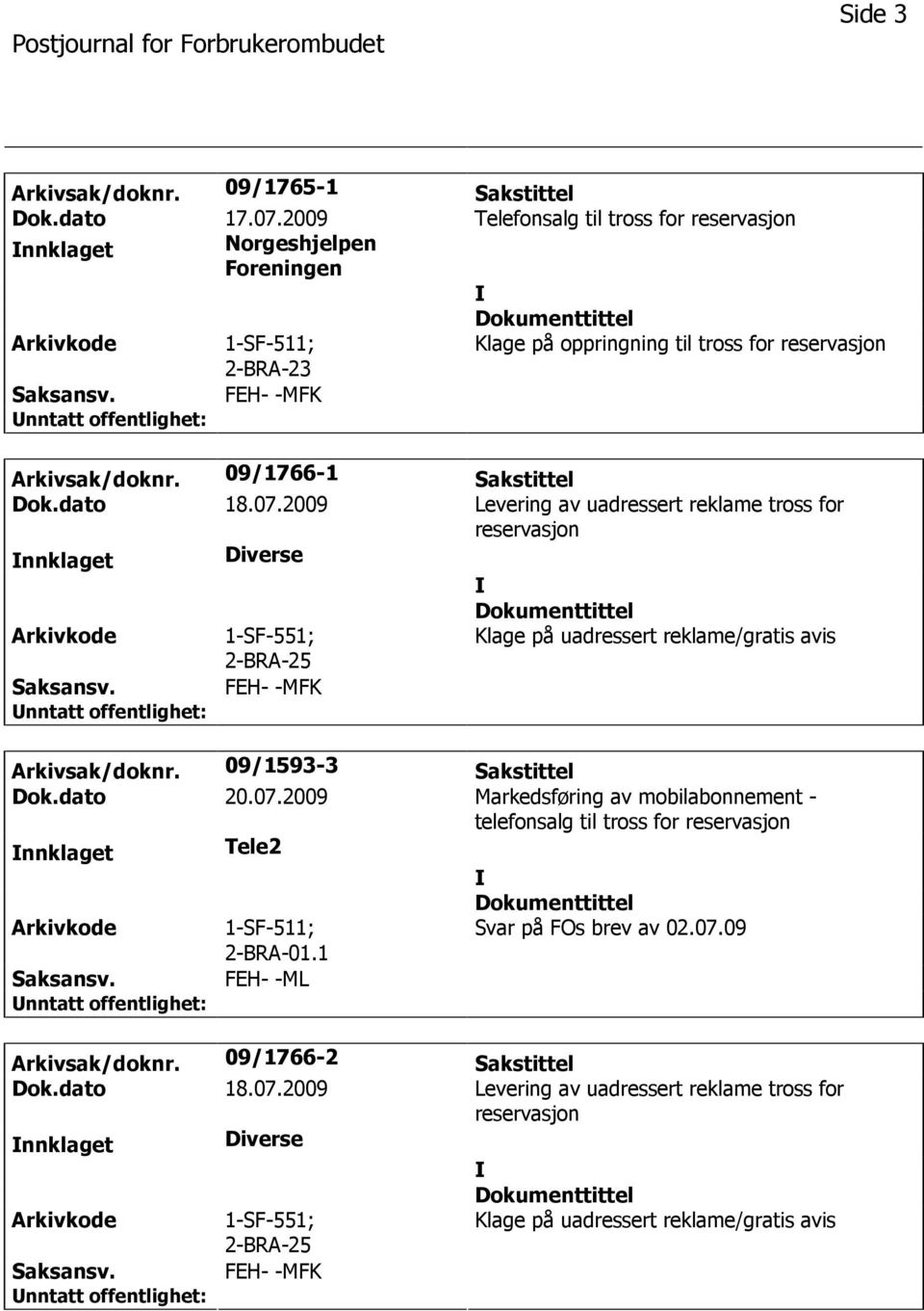 2009 Levering av uadressert reklame tross for nnklaget Diverse Arkivkode 1-SF-551; Klage på uadressert reklame/gratis avis Arkivsak/doknr. 09/1593-3 Sakstittel Dok.