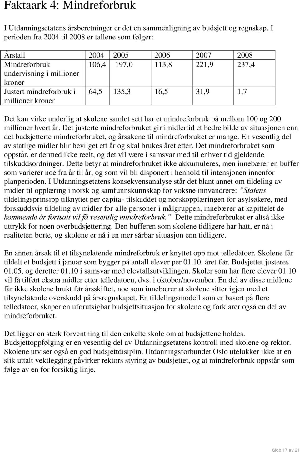 kroner 64,5 135,3 16,5 31,9 1,7 Det kan virke underlig at skolene samlet sett har et mindreforbruk på mellom 100 og 200 millioner hvert år.