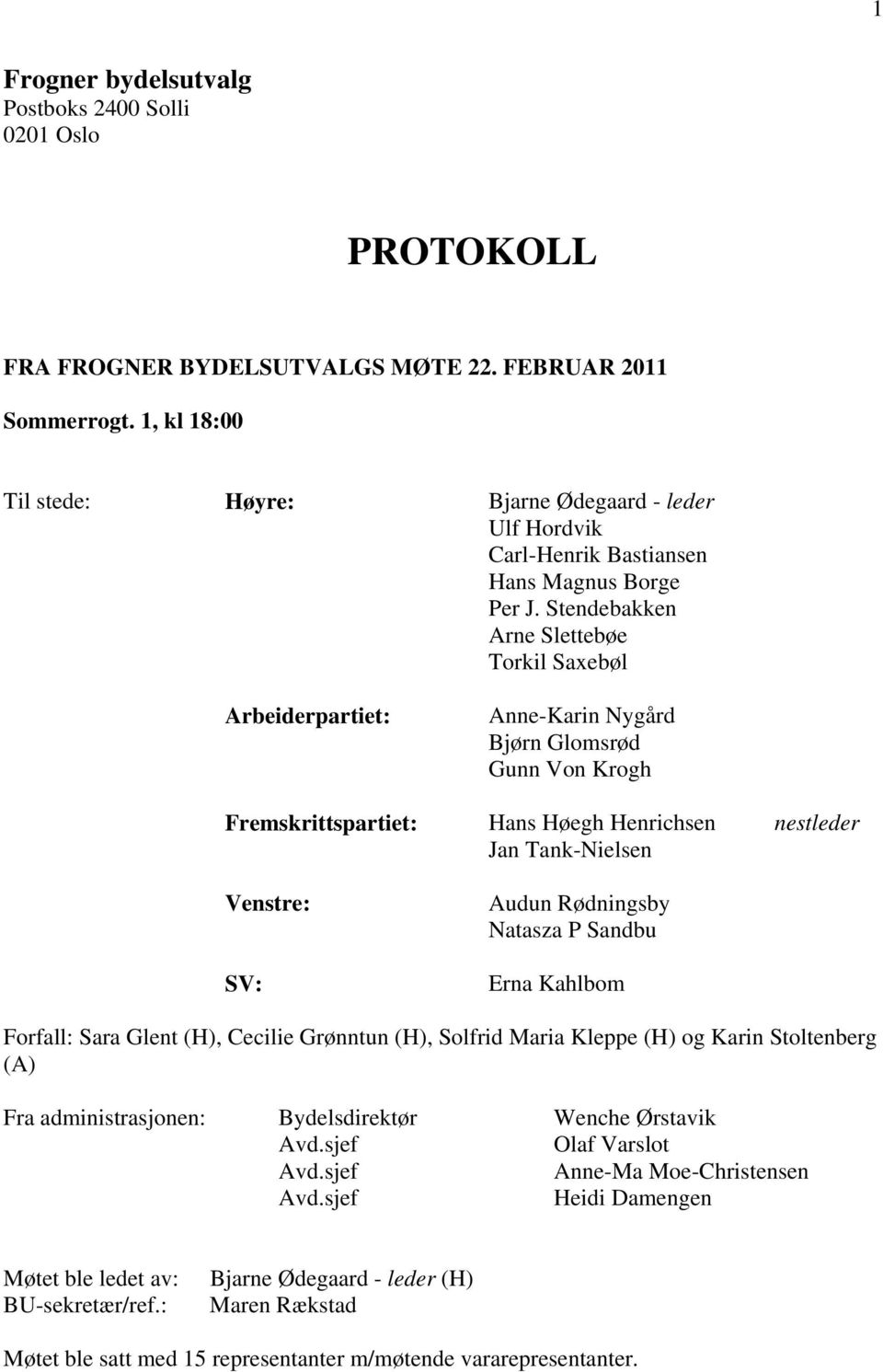 Stendebakken Arne Slettebøe Torkil Saxebøl Arbeiderpartiet: Anne-Karin Nygård Bjørn Glomsrød Gunn Von Krogh Fremskrittspartiet: Hans Høegh Henrichsen nestleder Jan Tank-Nielsen Venstre: SV: Audun