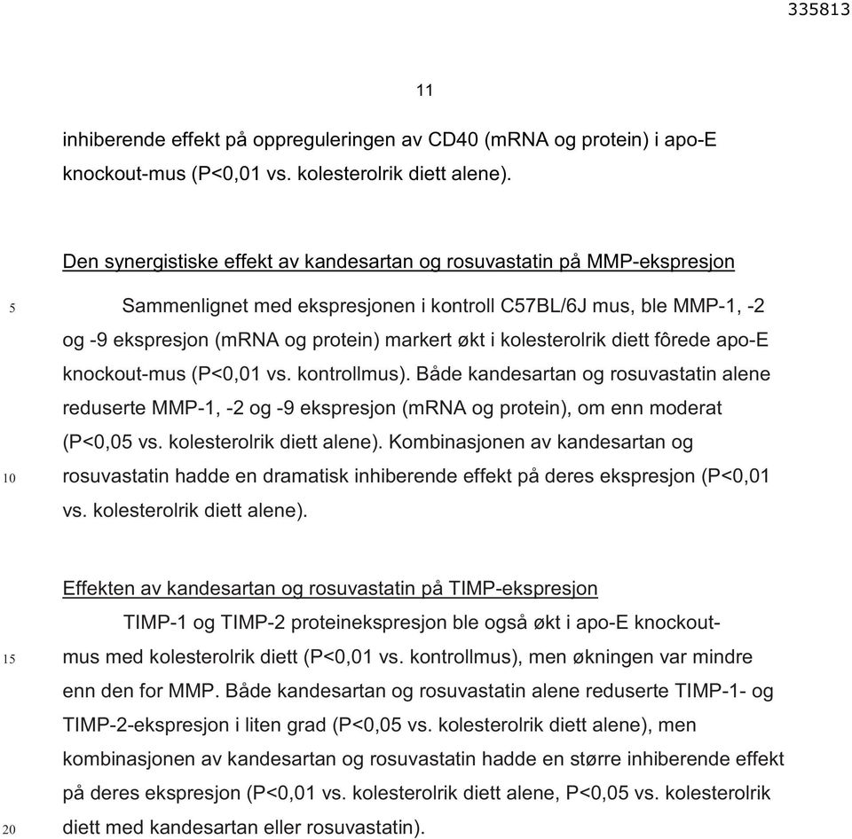 kolesterolrik diett fôrede apo-e knockout-mus (P<0,01 vs. kontrollmus). Både kandesartan og rosuvastatin alene reduserte MMP-1, -2 og -9 ekspresjon (mrna og protein), om enn moderat (P<0,0 vs.