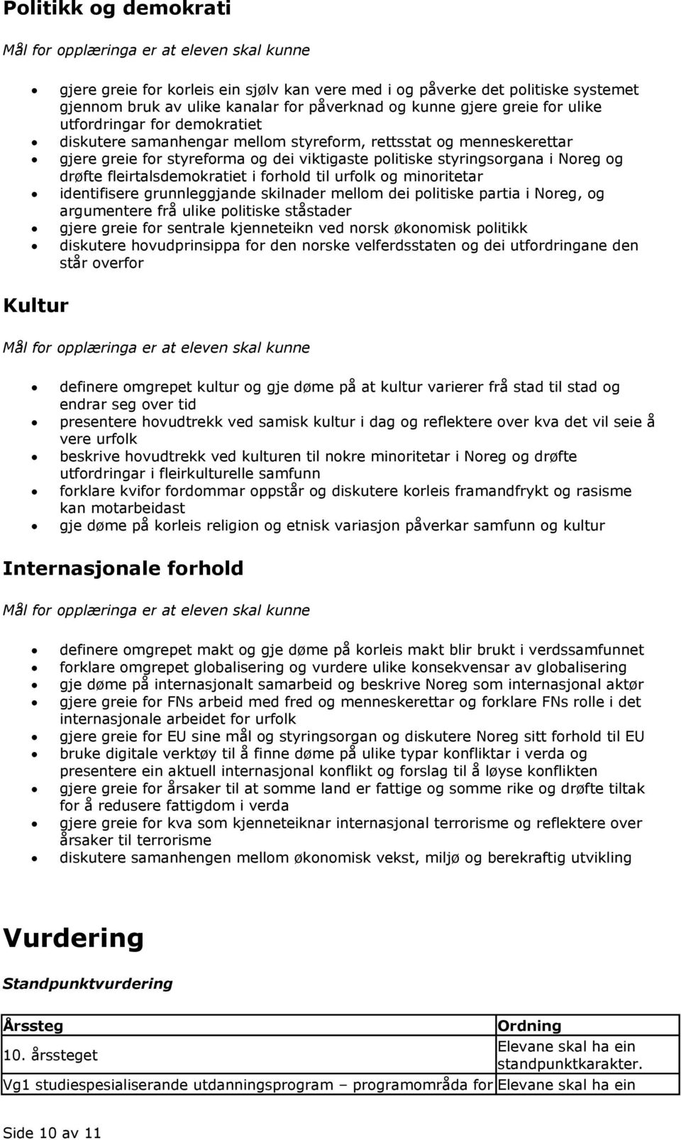 til urfolk og minoritetar identifisere grunnleggjande skilnader mellom dei politiske partia i Noreg, og argumentere frå ulike politiske ståstader gjere greie for sentrale kjenneteikn ved norsk