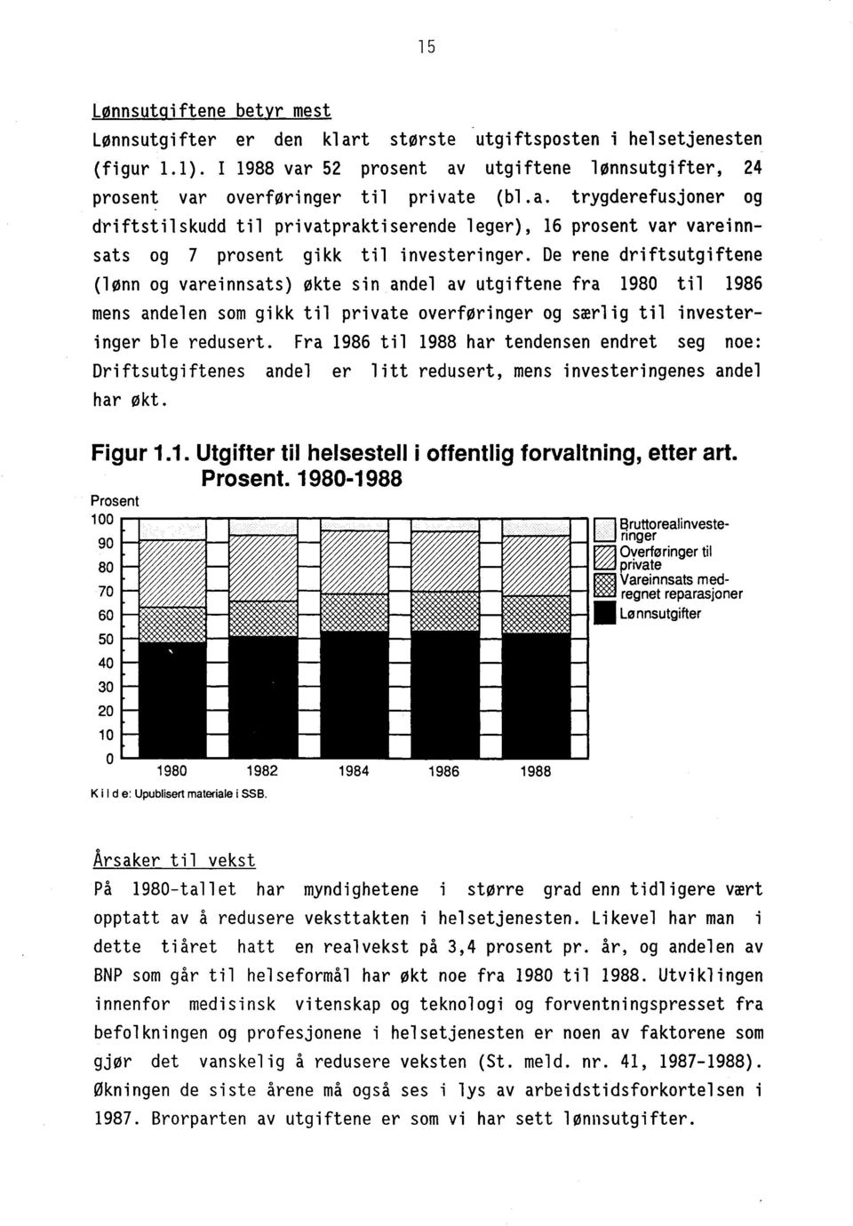 De rene driftsutgiftene (lønn og vareinnsats) økte sin andel av utgiftene fra 1980 til 1986 mens andelen som gikk til private overføringer og særlig til investeringer ble redusert.