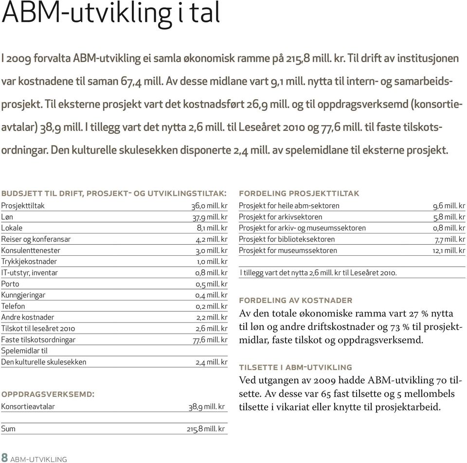 til Leseåret 2010 og 77,6 mill. til faste tilskotsordningar. Den kulturelle skulesekken disponerte 2,4 mill. av spelemidlane til eksterne prosjekt.