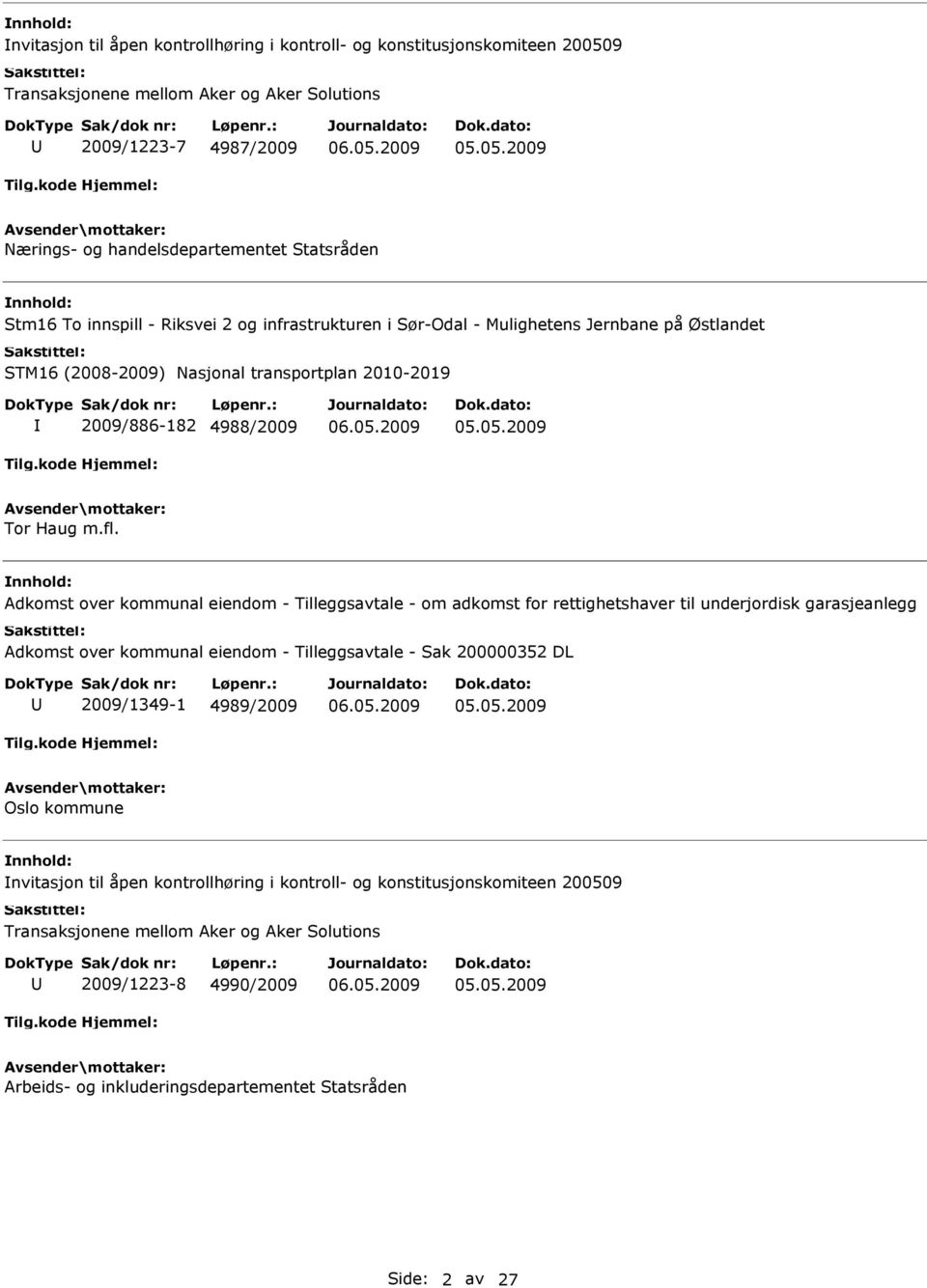 Adkomst over kommunal eiendom - Tilleggsavtale - om adkomst for rettighetshaver til underjordisk garasjeanlegg Adkomst over kommunal eiendom - Tilleggsavtale - Sak 200000352 DL 2009/1349-1 4989/2009